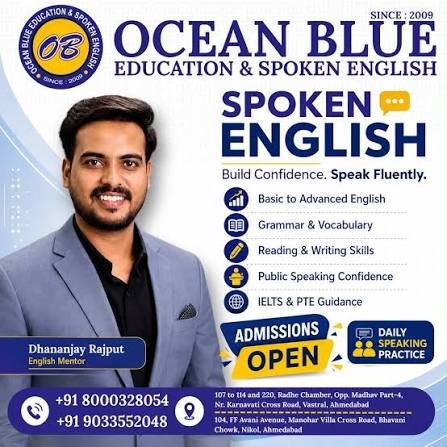 Ocean Blue Spoken English admissions poster featuring founder Mr. Dhananjay Rajput